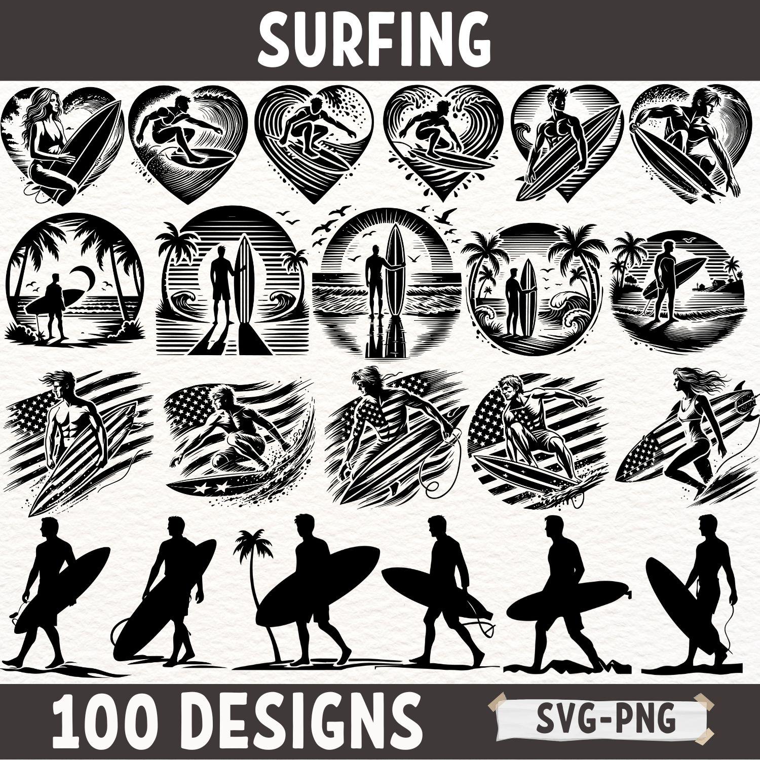 Surfing SVG PNG Designs Bundle - Beach Surfboard Silhouettes, Tropical Surf Graphics, Vintage Surfing Clipart for Cricut & Sublimation