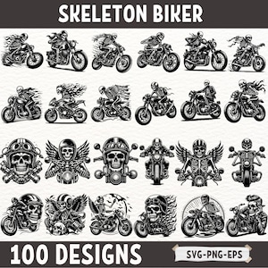 Skeleton Biker SVG Bundle, Schädel Motorrad Clipart, Vintage Biker PNG, Gothic Rider Silhouette, Chopper Vektor, CNC Laser Cut Dateien