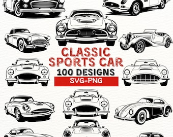 May include: A collection of 100 classic sports car designs in black and white. The designs are perfect for use in crafting projects, scrapbooking, or as digital downloads.  SVG-PNG.