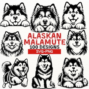 May include: A set of nine black and white illustrations of Alaskan Malamute dogs in various poses. The illustrations are in a cartoon style and feature the text "Alaskan Malamute 100 Designs SVG-PNG".