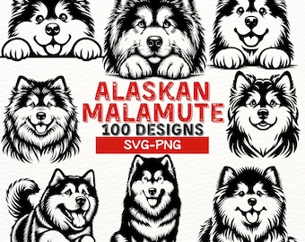 May include: A set of nine black and white illustrations of Alaskan Malamute dogs in various poses. The illustrations are in a cartoon style and feature the text "Alaskan Malamute 100 Designs SVG-PNG".