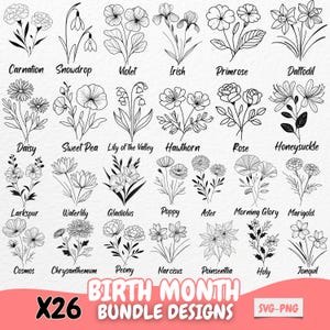 Geboortemaand bloem SVG-bundel, bloemen clipart PNG, digitale bloem gesneden bestanden, botanische lijntekeningen ontwerpen voor Cricut, Instant Download