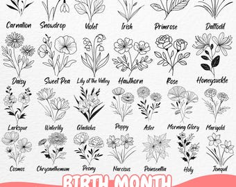 Paquete SVG de flores del mes de nacimiento, clipart floral PNG, archivos de corte de flores digitales, diseños de arte lineal botánico para Cricut, descarga instantánea