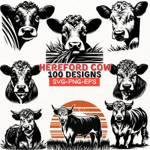 Op de afbeelding: Een set van 100 zwart-witte vectorillustraties van Hereford-koeien in verschillende poses. De illustraties zijn perfect voor gebruik in knutselen, scrapbooking en andere creatieve projecten.  HEREFORD COW 100 DESIGNS SVG-PNG-EPS