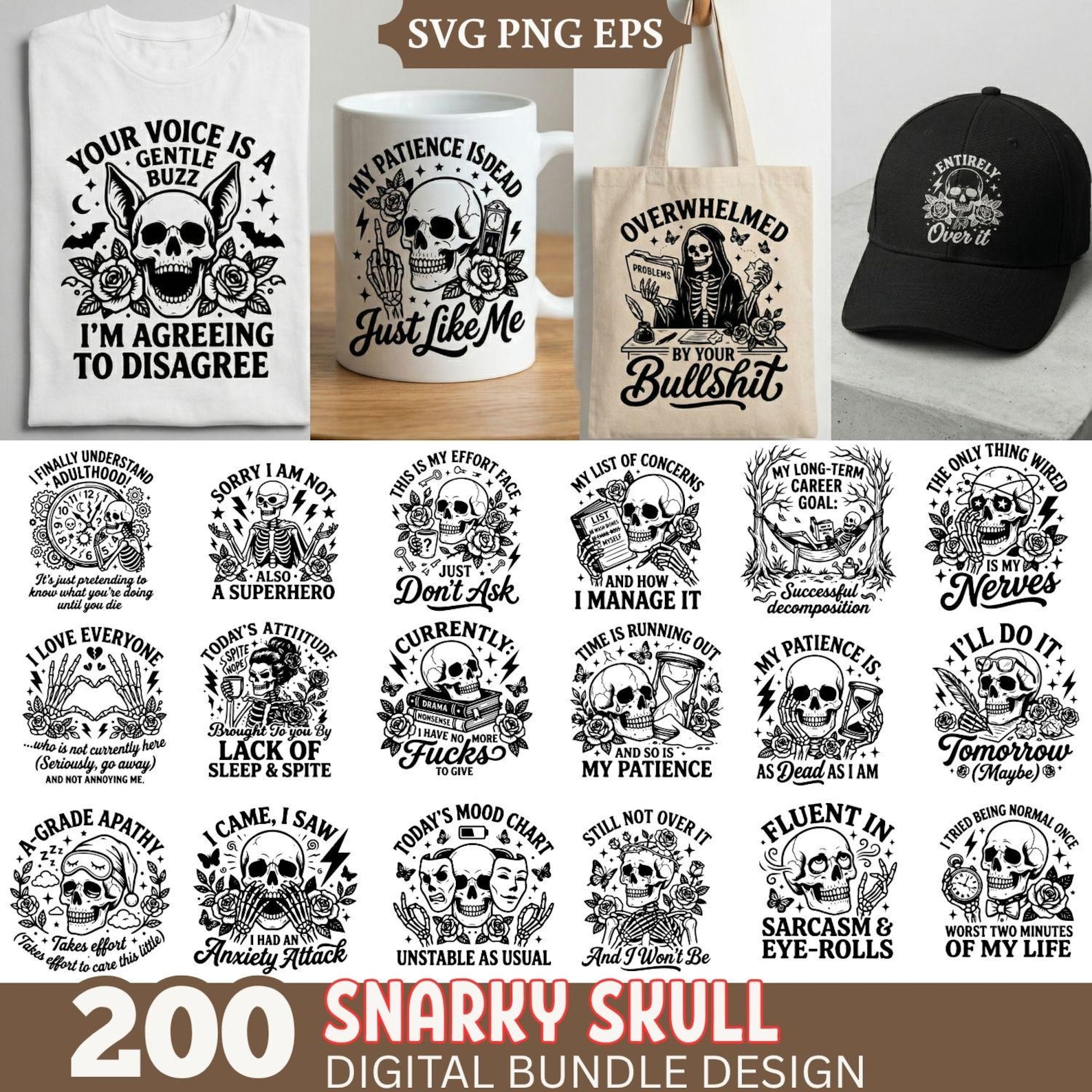 Snarky Skull SVG Bundle, Funny Skeleton Quotes SVG, Sarcastic Gothic ...