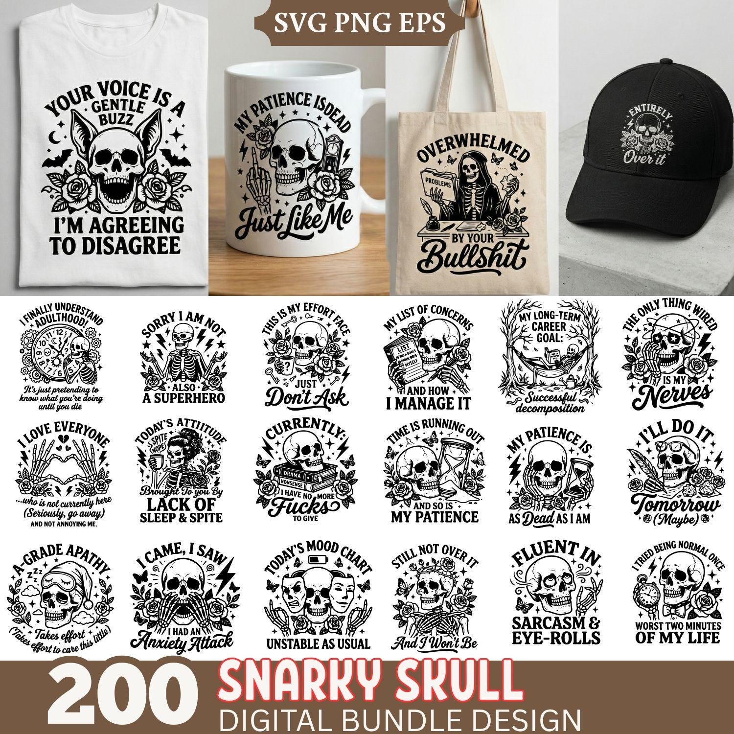 Snarky Skull SVG Bundle, Funny Skeleton Quotes SVG, Sarcastic Gothic ...