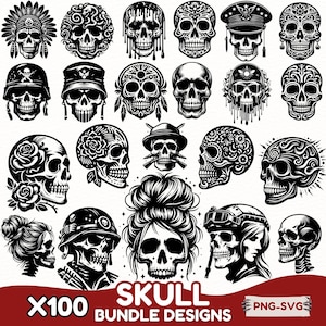 Schädel-Bundle-Designs | SVG PNG hochwertige Clipart | Sugar Skull, Tag der Toten, Gothic, Tattoo, Halloween, Boho, Messy Bun Totenkopf