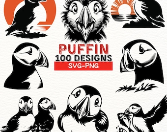 Puffin SVG Bundle, 100 Puffin PNG Clipart, Bird Silhouette Vector, Cute Puffin Digital Download, Wildlife Animal Cricut Cut Files
