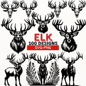 Elk SVG PNG Designs Bundle | Wild Elk Antlers Clipart | Hunting Elk Skull Silhouette | Wildlife Animal Cut Files for Cricut