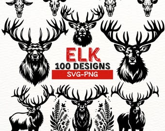May include: A collection of 100 black and white elk head silhouette designs. The designs feature various poses and antler shapes. The text "ELK 100 DESIGNS SVG-PNG" is displayed in red.