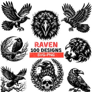 Pacchetto SVG PNG, Clipart di corvo gotico, Disegni di uccelli scuri, Teschio di corvo Svg, Silhouette di corvo di Halloween, Download digitale