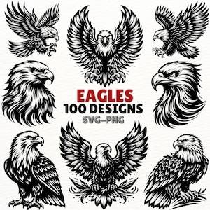 Paquete SVG de águilas / Imágenes prediseñadas de águila / Silueta de águila PNG / Vector de cabeza de águila / Diseños de aves rapaces / Archivos de corte de águila estilo tatuaje