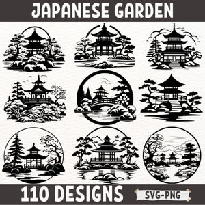 Japanischer Garten SVG-Bundle, Traditionelle Pagode und Zen-Landschaft Clipart, Silhouette Schnittdateien für Cricut und Laserschneiden