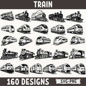 Train SVG Bundle, 160 Train Clipart Designs, Vintage Train Silhouettes, Modern Train Illustrations, Steam Engine Train PNG Files