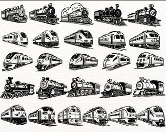 Train SVG Bundle, 160 Train Clipart Designs, Vintage Train Silhouettes, Modern Train Illustrations, Steam Engine Train PNG Files