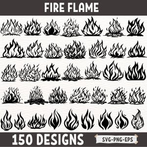 Puede incluir: Una colección de 150 ilustraciones de llamas de fuego en blanco y negro. Las llamas son de varias formas y tamaños, y algunas tienen un diseño simple mientras que otras son más detalladas. El texto "FIRE FLAME" y "150 DESIGNS" están en la parte superior e inferior de la imagen, respectivamente. El texto "SVG-PNG-EPS" está en la esquina inferior derecha de la imagen.