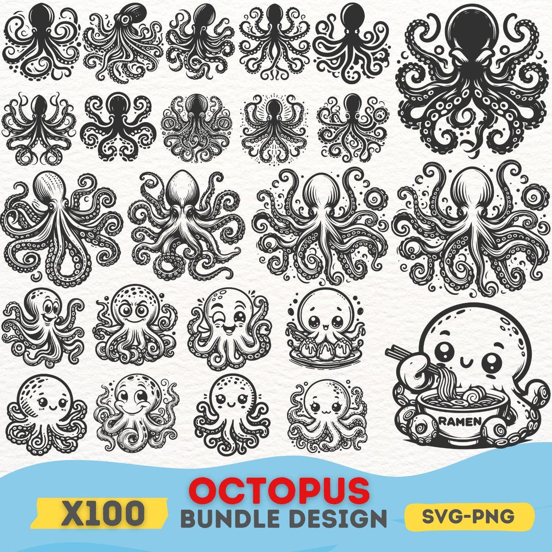 Octopus SVG PNG Bundle, Cute Octopus Clipart, Hand Drawn Octopus ...