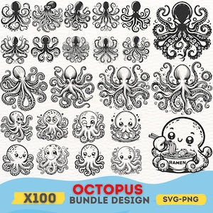 Oktopus SVG PNG Bundle, süße Oktopus Clipart, handgezeichnete Oktopus-Designs, Unterwassertier Illustration, Oktopus Vektor digitale Kunst