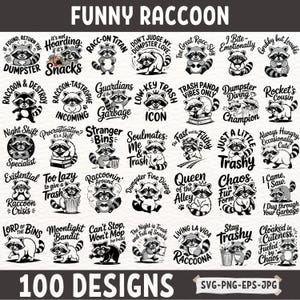 Pacote SVG de guaxinim engraçado com 100 designs hilários de pandas de lixo para Cricut e sublimação | Clipart de mergulho em lixeiras PNG JPG Arquivos EPS