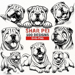 Shar Pei SVG Bundle, 100 digitale Designs, süßer Hund Clipart, Shar Pei Silhouette, Hundeliebhaber PNG, Shar Pei Vektorkunst, Basteldateien