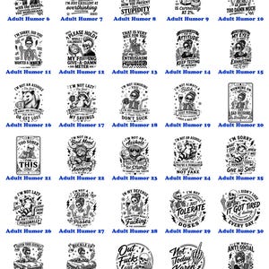 K&ouml;nnte beinhalten: Eine Sammlung von 40 humorvollen Schwarz-Wei&szlig;-Designs, jedes mit einem einzigartigen Satz und einer Skelett-Illustration. Die Designs sind als "Erwachsenenhumor" kategorisiert und zeigen verschiedene witzige Spr&uuml;che und sarkastische Aussagen.