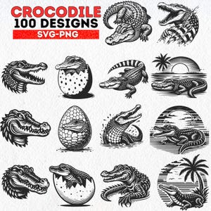Krokodil SVG PNG Designs, Vintage Krokodil Clipart, Reptil Vektor Bundle für T-Shirts, Tattoo Kunst, Sublimation, digitaler Download