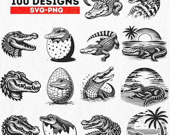 Krokodil SVG PNG-designer, Vintage krokodil Clipart, Reptilvektorpaket för T-shirts, Tatueringskonst, Sublimering, Digital Nedladdning