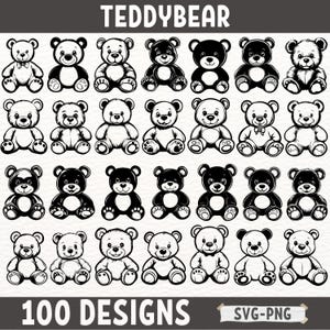 May include: A set of 100 black and white teddy bear illustrations. The bears are in various poses, including sitting, standing, and lying down. The illustrations are ideal for use in crafts, scrapbooking, and other creative projects.
