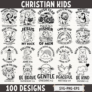 May include: A collection of 100 Christian Kids designs in SVG, PNG, and EPS formats. The designs feature various animals and religious themes, including a monkey, squirrel, lion, penguin, lamb, bear, fish, cloud, rabbits, bear, owl, sheep, dove, and elephant.