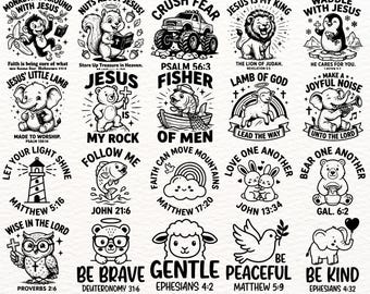 Paquete de 100 diseños SVG para niños cristianos, imágenes prediseñadas de versículos bíblicos de fe para niños, lindos animales cristianos SVG PNG EPS para camisetas, guarderías y manualidades.