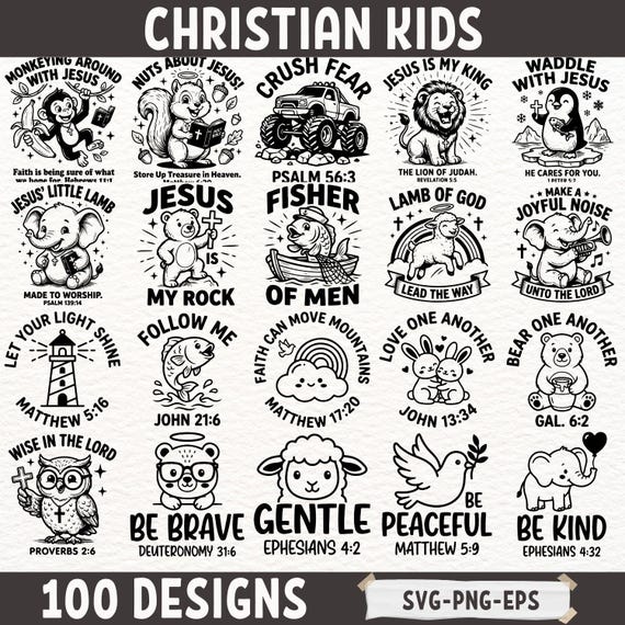 Christian Kids SVG Bundle 100 Designs, Faith Bible Verse Kids Clipart, Cute Christian Animals SVG PNG Eps for Shirts, Nursery, Crafts