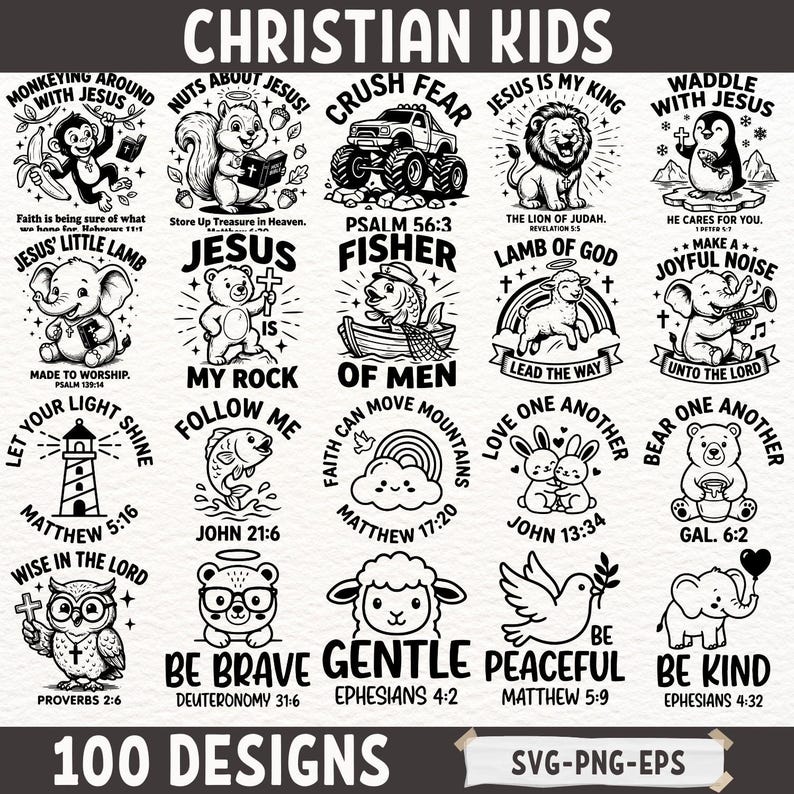 May include: A collection of 100 Christian Kids designs in SVG, PNG, and EPS formats. The designs feature various animals and religious themes, including a monkey, squirrel, lion, penguin, lamb, bear, fish, cloud, rabbits, bear, owl, sheep, dove, and elephant.