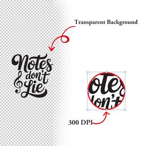 May include: Black and white graphic with the text "Notes don't lie" and a musical note symbol. The design is on a transparent background, with a red arrow pointing to a circular crop of the text.