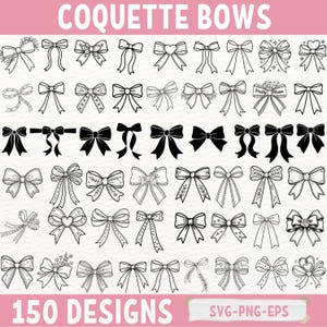 Coquette noeud papillon SVG PNG EPS pour Cricut et Silhouette | Ruban esthétique Girly Clipart | Ensemble de vecteurs de dessin au trait contour arc mignon