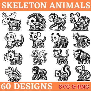 Paquete de imágenes prediseñadas de animales esqueléticos, lindos animales de Halloween PNG SVG, ilustraciones digitales de animales esqueléticos para manualidades, calcomanías e imprimibles