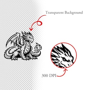 May include: Black and white illustration of a dragon with wings and a tail. The dragon is sitting on its hind legs with its head turned to the side. The dragon is facing the right side of the image.