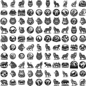 May include: A collection of 100 black and white illustrations of wolves in various poses, including howling, running, and standing. Some wolves are depicted in a forest setting, while others are surrounded by a full moon.