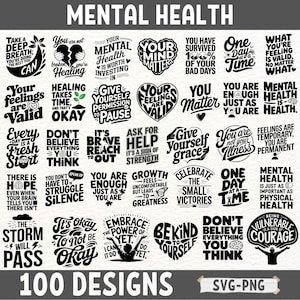 Designs SVG Santé mentale | Citations motivantes | Lot inspirant sur la santé mentale | Téléchargement numérique | Fichiers SVG PNG