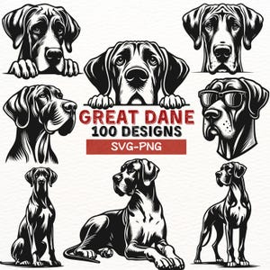 Great Dane Dog SVG-bundel, 100 ontwerpen digitale download, Great Dane-clipart voor Cricut, Silhouette Cut-bestanden, PNG Vector Art Pack