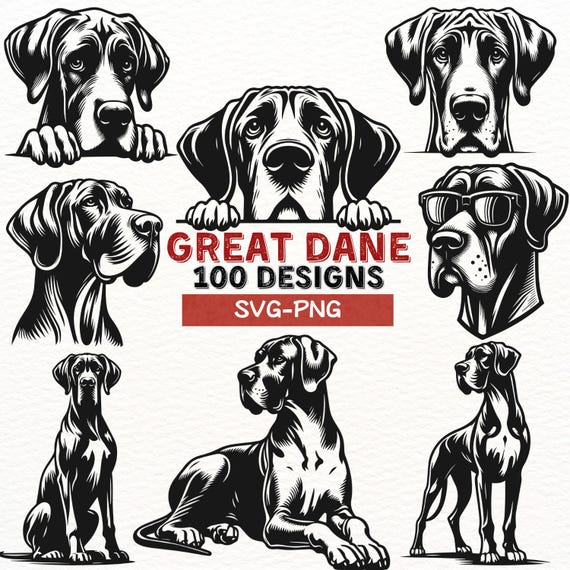 Great Dane Dog SVG Bundle, 100 Designs Digital Download, Great Dane Clipart for Cricut, Silhouette Cut Files, PNG Vector Art Pack