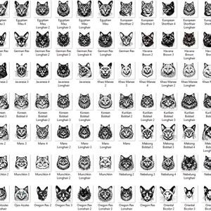 May include: A black and white illustration of 100 different cat breeds. Each breed is depicted in a simple, stylized design, with a name label below each image.