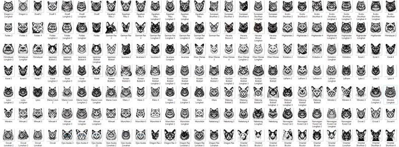 May include: A black and white illustration of 100 different cat breeds. Each breed is depicted in a simple, stylized design, with a name label below each image.