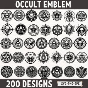 May include: A collection of 200 black and white occult emblem designs. The designs feature various symbols, including stars, skulls, and other mystical imagery. The text "OCCULT EMBLEM" and "200 DESIGNS" are at the top and bottom of the image, respectively. The text "SVG-PNG-EPS" is at the bottom right corner of the image.