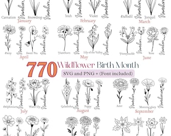 Wildflower Birth Month SVG Bundle, Botanical Flower Clipart, Birth Month Flower PNG, Digital Download, Sublimation Design, Font Included