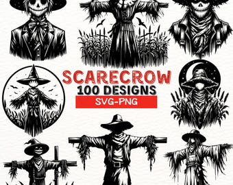 Scarecrow SVG Bundle | Halloween & Autumn Scarecrow Silhouettes | Spooky Farm Clipart | PNG Digital Download for Cricut and Sublimation