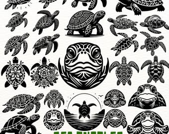 May include: A set of 20 black and white sea turtle illustrations. The illustrations are in various poses and styles, including a turtle with a floral design, a turtle with a sunburst design, and a turtle with a simple outline. The text "Sea Turtles Bundle Designs" is at the bottom of the image.