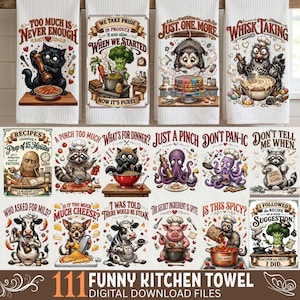Pack d'images PNG humoristiques pour torchons de cuisine : humour rétro, animaux, chefs (téléchargement numérique)