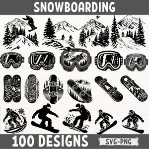 Snowboarding SVG PNG Bundle - Wintersport Clipart, Snowboard Grafiken, Skibrillen Design, Snowboarder Silhouetten für Cricut