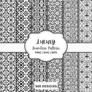 Puede incluir: Un conjunto de 300 diseños de patrones sin costuras en blanco y negro. Los patrones son intrincados y geométricos, con un toque de lujo. Los diseños están disponibles en formatos PNG, SVG y EPS.