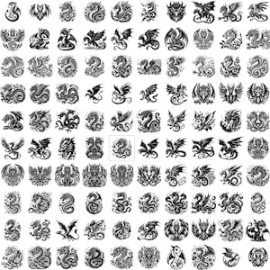 May include: A collection of 64 black and white illustrations of dragons in various poses. The dragons are depicted in a stylized, heraldic style.